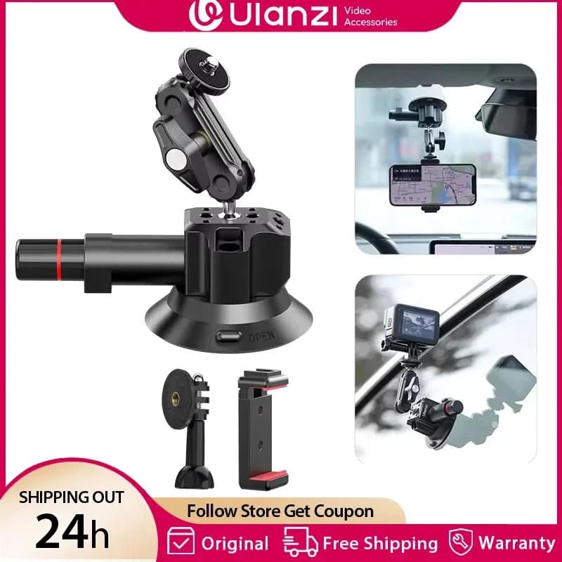 Ulanzi Car Phone Action Camera Holder Hand Pump Suction Cup 360° Adjustable 1/4" for GoPro for Insta360 DJI Action Smart Phone