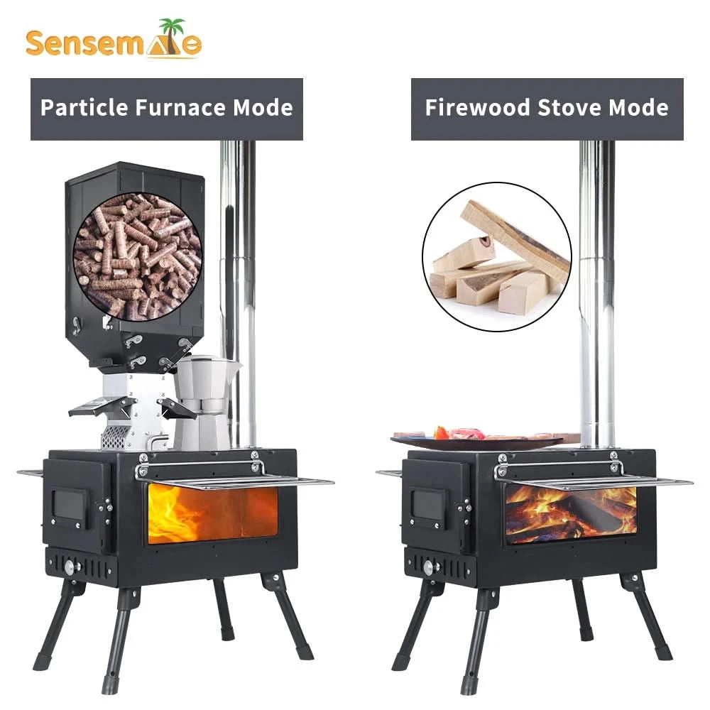 Camping Wood Stove Fire View Side Glass Portable Folding Wood Burner with Chimney Stainless Steel Tent Heater for Ice Fishing