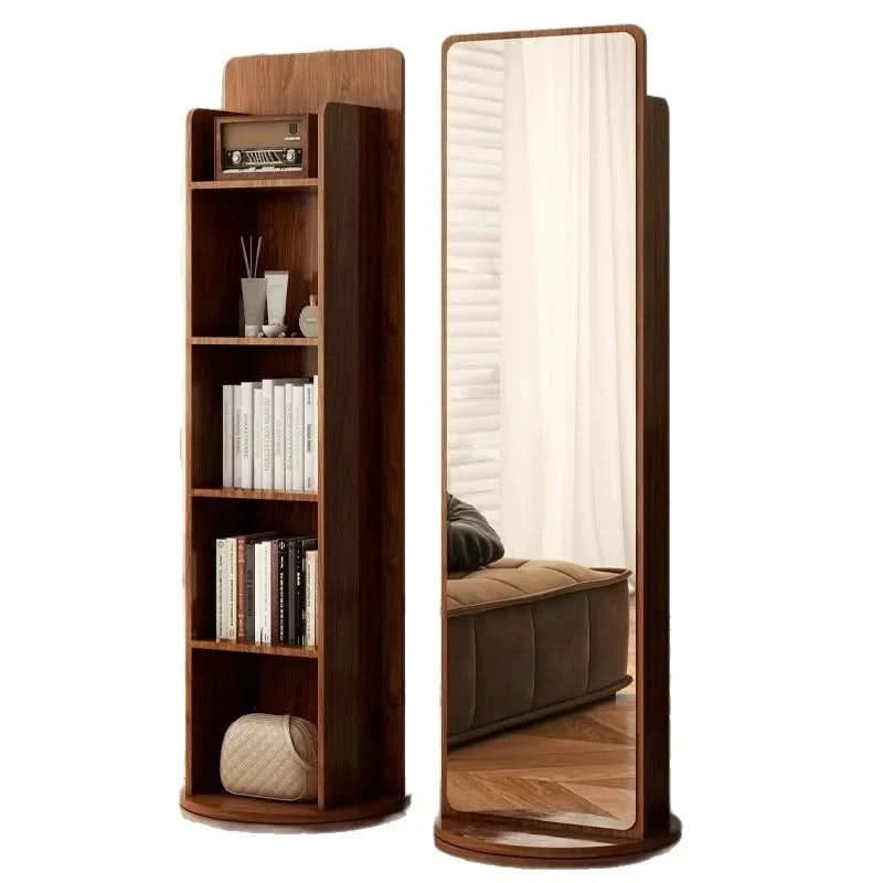 Full Length Floor Mirror Rotating Wooden Frame Bookshelf Full Body Standing Mirror Bedroom Living Room Large Luxury No Warping