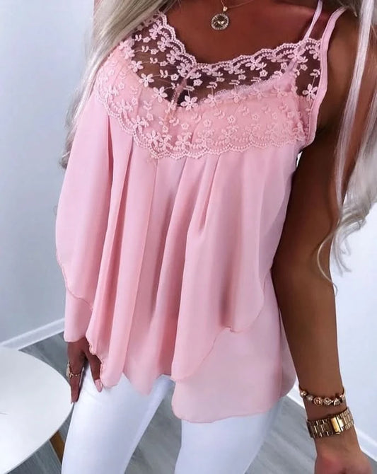 Women Clothes Spaghetti Strap Vest Summer New Casual Vacation Floral Pattern Lace Patch Ruched Scallop Trim Cami Top for Women