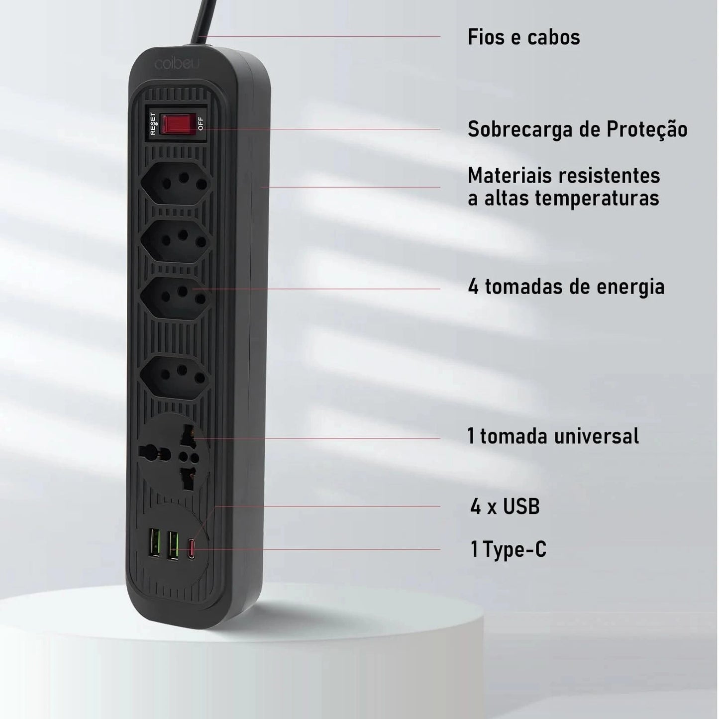 Extensão De 4 Tomadas Com 3 Usb Branco Bivolt 2 Metros Preto, Extensão Tomada,Suporte a Tensão de 110-220V, Potência de 2500W，