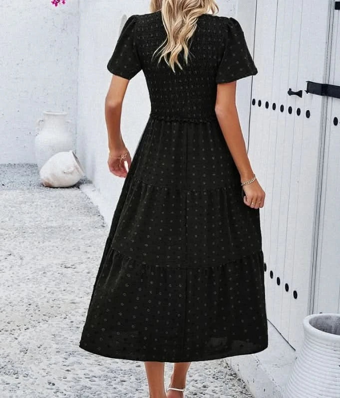 Women's Casual Solid V-Neck Short Sleeve A-Line Dress Temperament Commuting Summer New Fashion Women Clothes Pullover Dresses