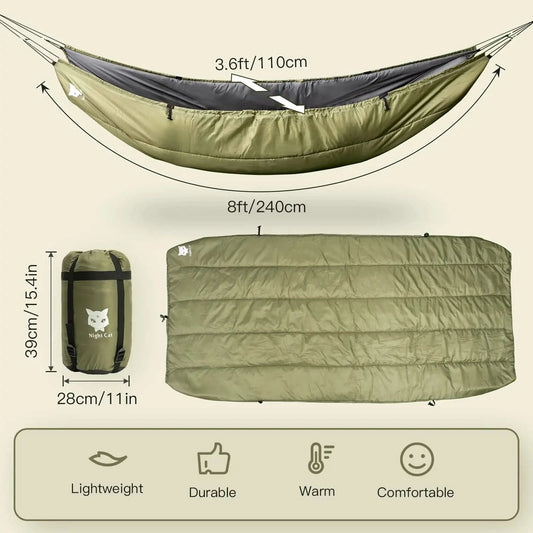 Night Cat Hängematten-Underquilt Schlafsack, einzeln isoliert, Unterdecke, 4 Jahreszeiten, leicht, warm, 5-20℃, 2,4x1,1m