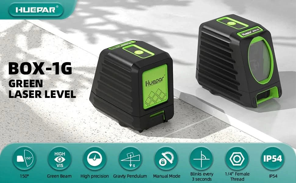 Huepar Box-1G Self-leveling Laser Level  150ft/45m Outdoor Green Cross Line with Vertical Beam Spread Covers of 150°