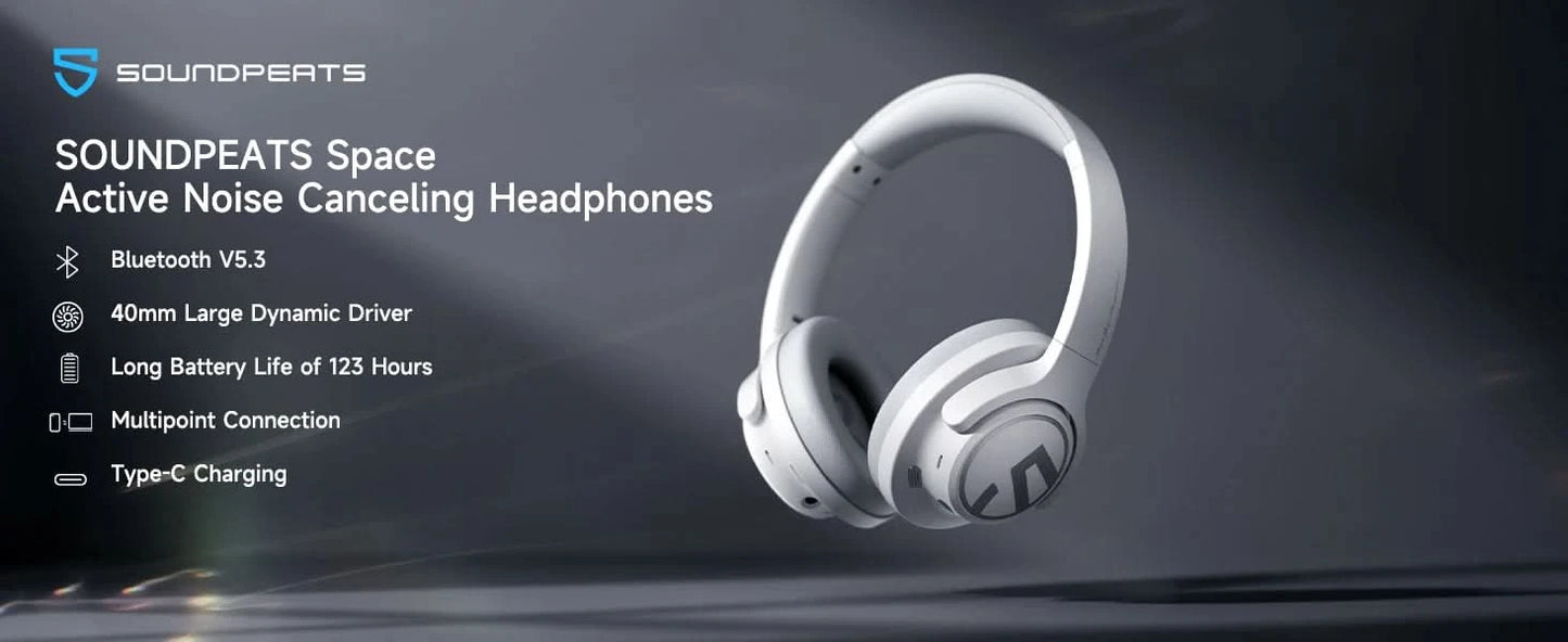 SoundPEATS Space Bluetooth Headphones Hybrid Active Noise Cancelling Wireless Headphone,123H Play,Mic,Multipoint Connection