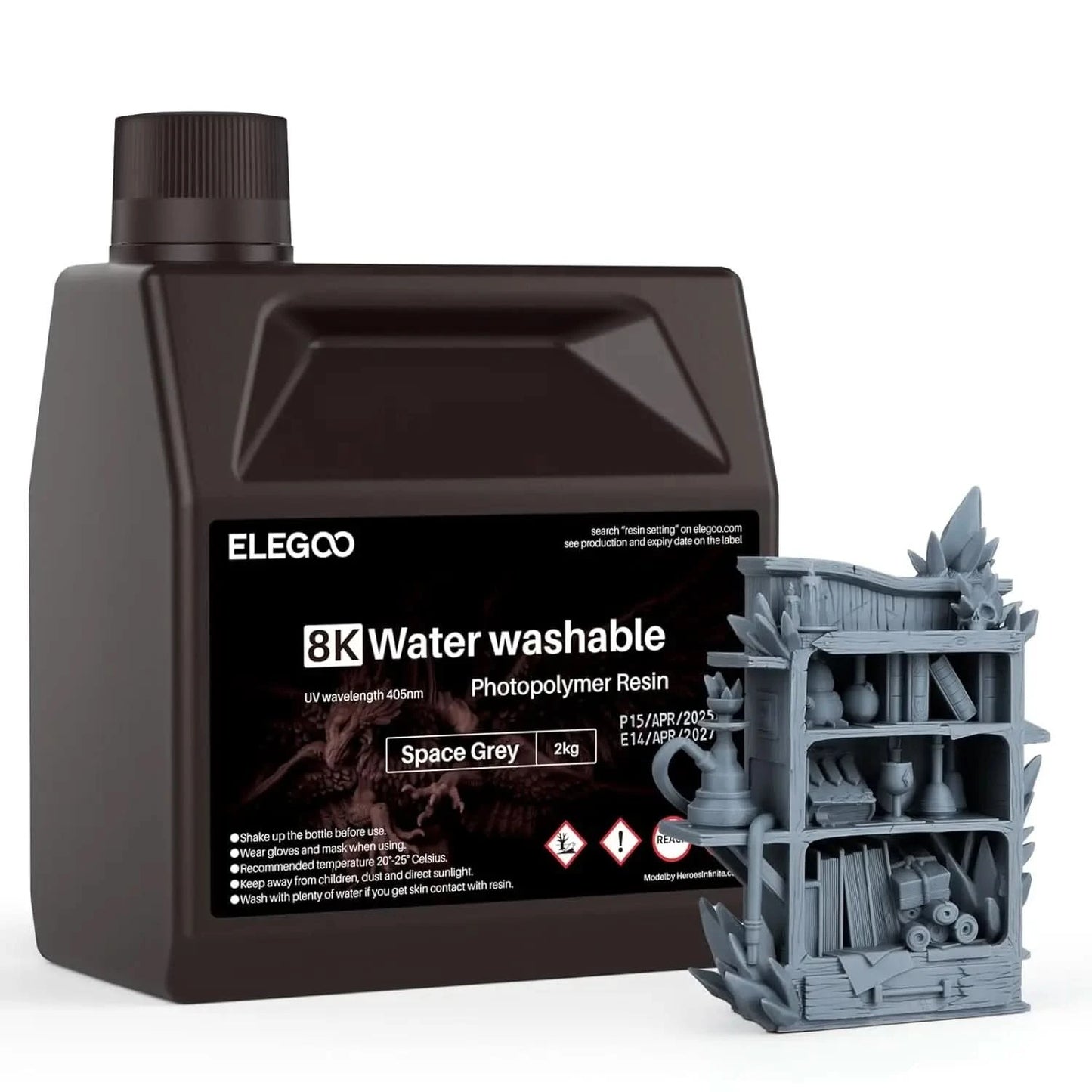 ELEGOO 8K 3D Printer Resin 405nm Water Washable Resin UV-Curing Resin Best for SATURN 2 8K 3D Printer Space Grey 1000g