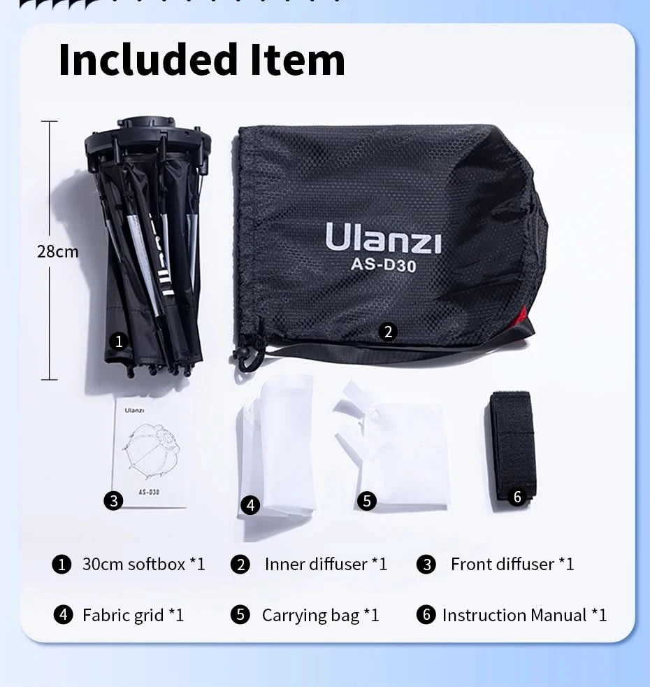Ulanzi AS-D30 30cm Octagonal Softbox Mini Bowens Mount Quick Release Honeycomb Grid Softbox for Ulanzi LT028 LT005 COB Light
