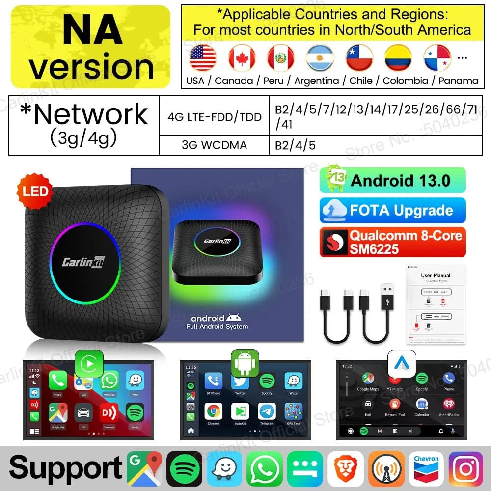 2026 CarlinKit CarPlay AI Box Android 13.0 SM6225 8-Cores Android Auto Wireless CarPlay Adapter 2.4+5GGPS 64G 128G FOTA Upgrade