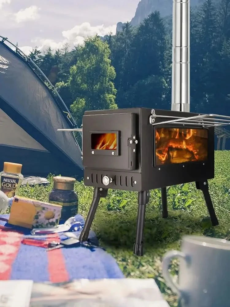 Camping Wood Stove Fire View Side Glass Portable Folding Wood Burner with Chimney Stainless Steel Tent Heater for Ice Fishing