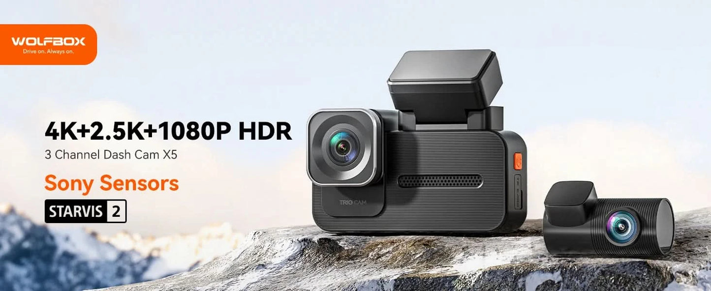 WOLFBOX X5 3 Channel 4K Dash Cam STARVIS 2 IMX678 4K+2.5K Front and Rear Inside Triple Car Camera 5.8GHz WiFi Mirror Car DVR