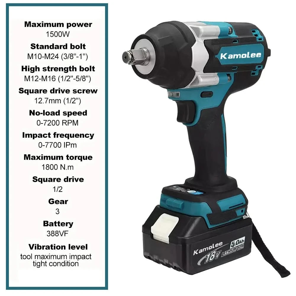 【1800N.m】Kamolee DTW700 Electric Impact Wrench 1800 N.m High Torque 1/2 Inch Automobile maintenance