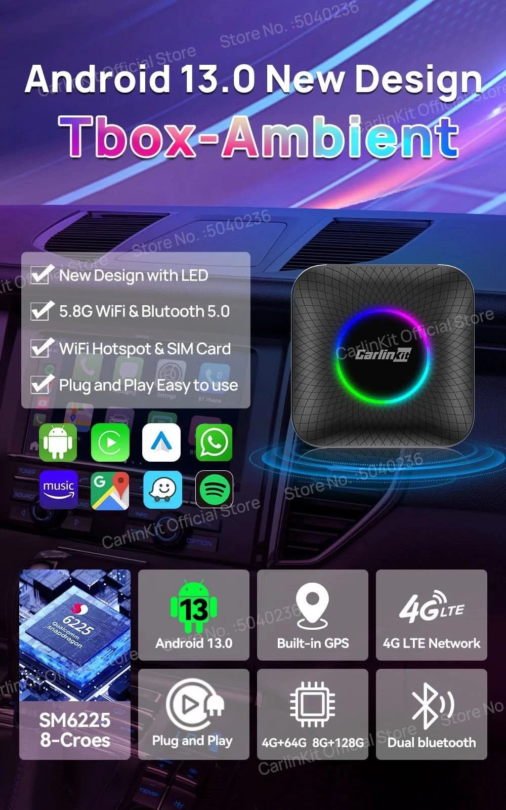 2026 CarlinKit CarPlay AI Box Android 13.0 SM6225 8-Cores Android Auto Wireless CarPlay Adapter 2.4+5GGPS 64G 128G FOTA Upgrade