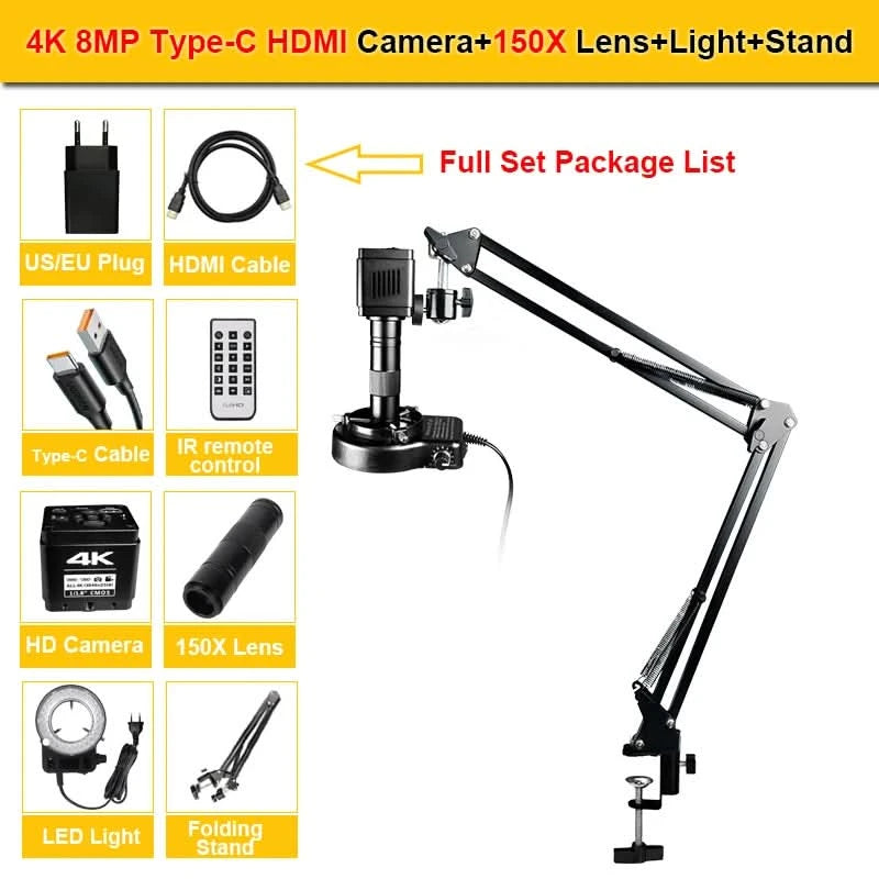 YIZHAN 4K UHD Electron Digital Microscope 1080P 60FPS Video Industrial Welding Camera 150X Lens Folding Stand for PCB Repair