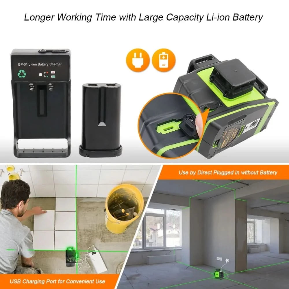 Huepar 12 Lines 3D Cross Line Laser Level Kit Osram Self-Leveling Green Beam 360° Vertical Horizontal With Laser Receiver Tripod