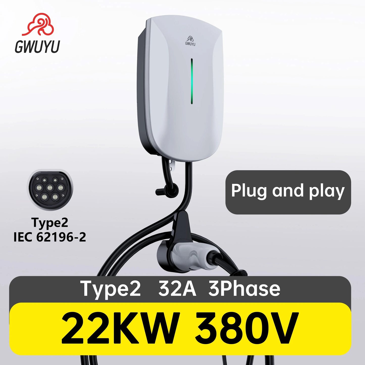 Wallbox EV Charger 32A 7KW 16A 11KW 22KW 3Phase Electric Vehicle Charging Station Type2 IEC62196-2 Socket 5m Cable Plug and Play