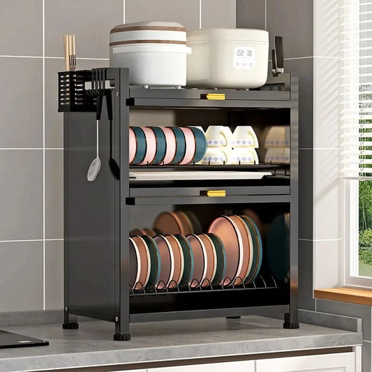 Kitchen cupboard storage box with door, dust-proof bowl rack, countertop, dish storage rack, chopsticks, dishes, drain rack