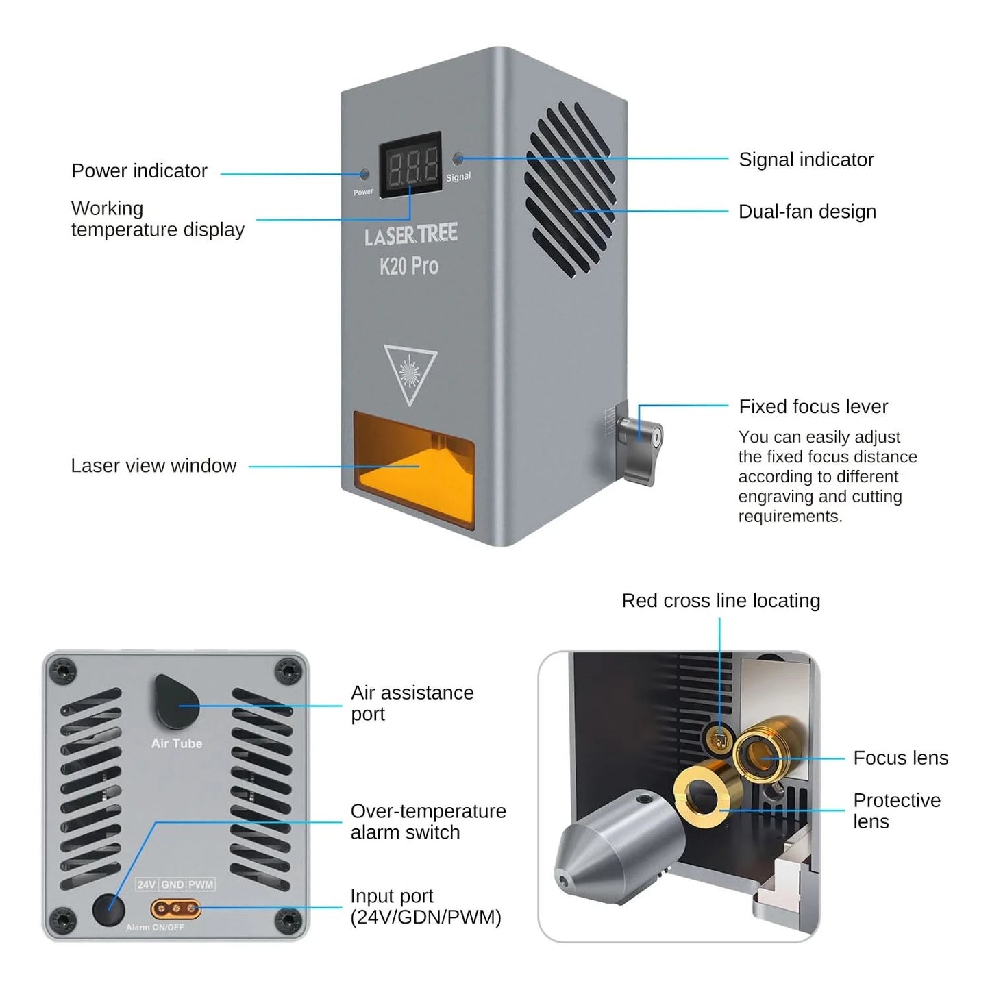 LASER TREE Laser Module 10W/20W/30W/40W Optical Power with Air Assist Laser Head TTL Blue Light for Engraver Cutting Wood Tools