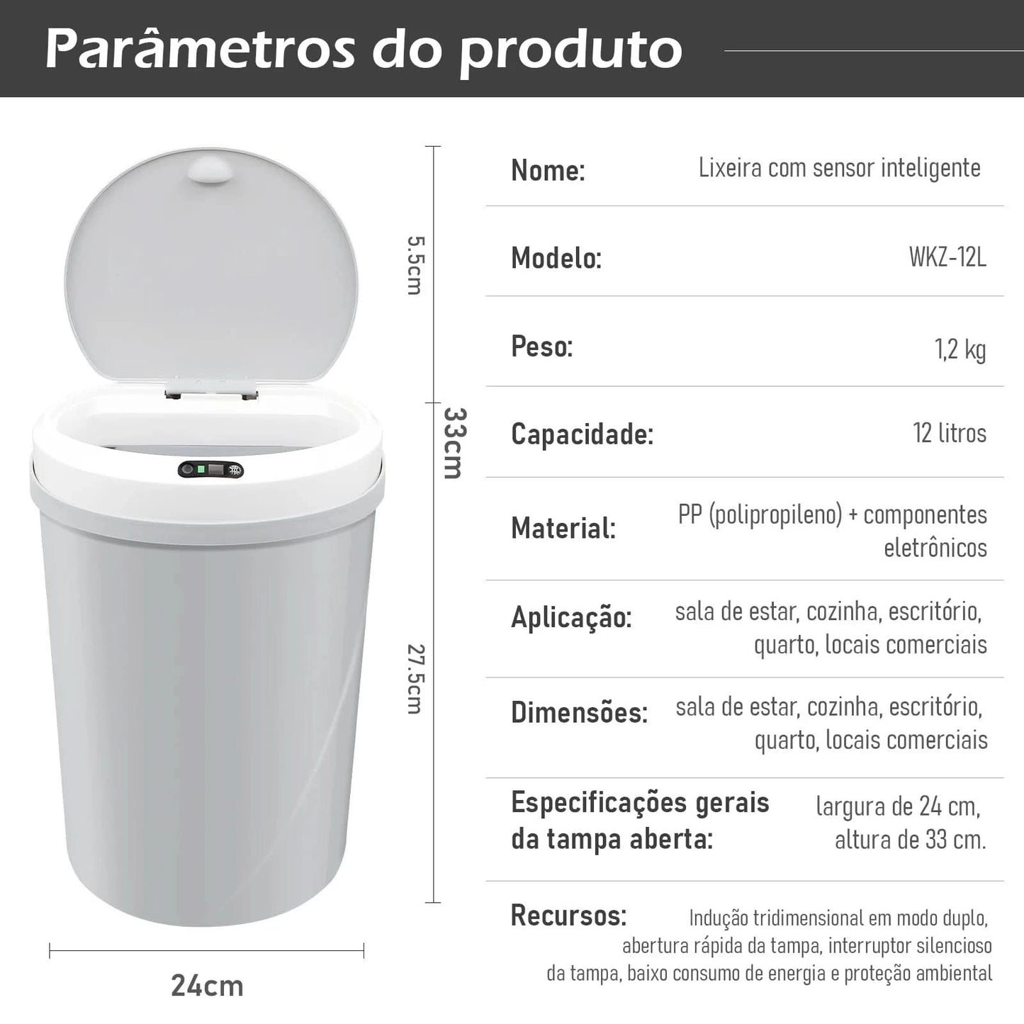 Lata de lixo sensor de toque automático lata lata de lixo plástico cozinha latas sala estar capacidade do agregado familiar