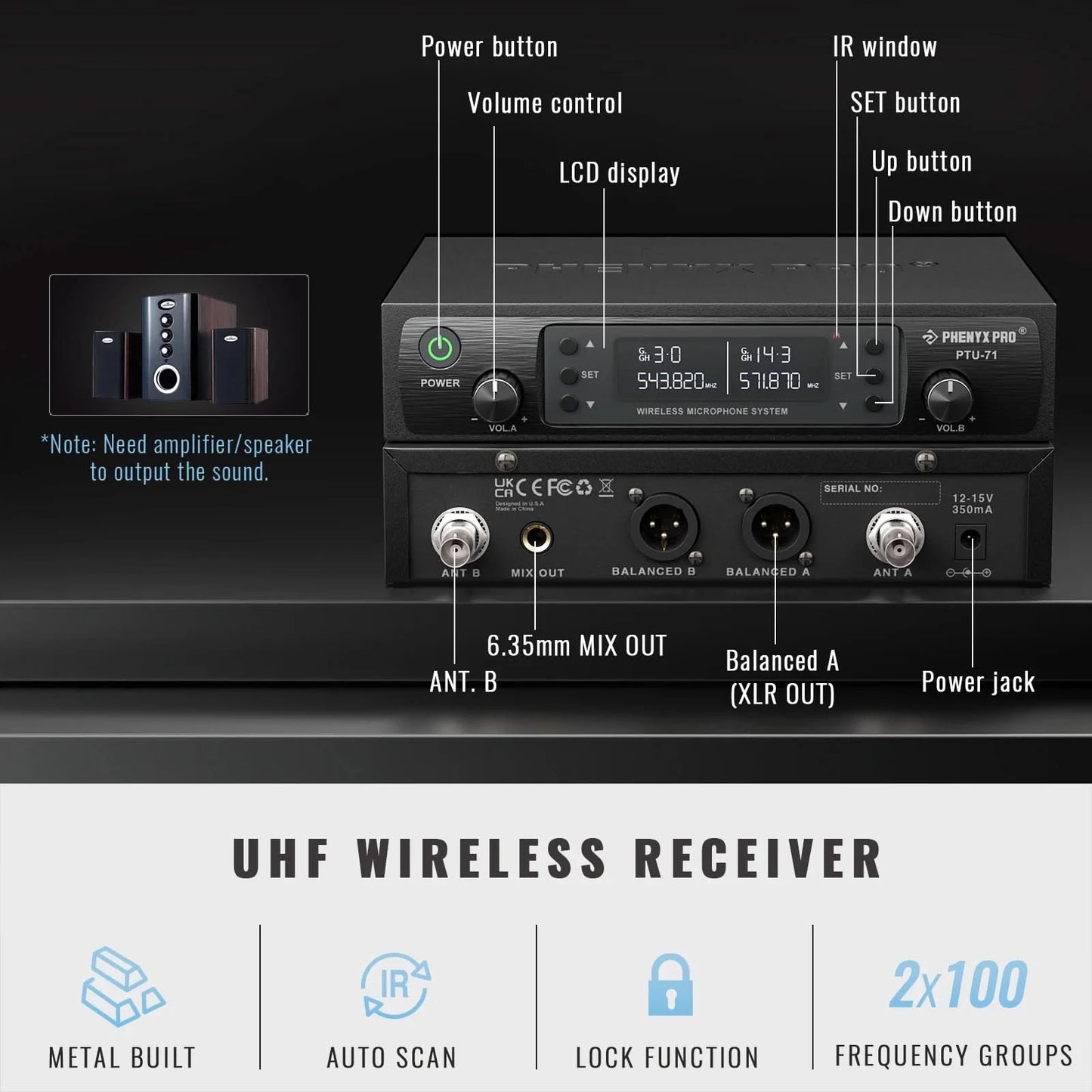 Phenyx Pro UHF Profeesional Adjustable Dual Wireless Microphone System for Stage Performances Sturdy Metal Build 100M PTU71
