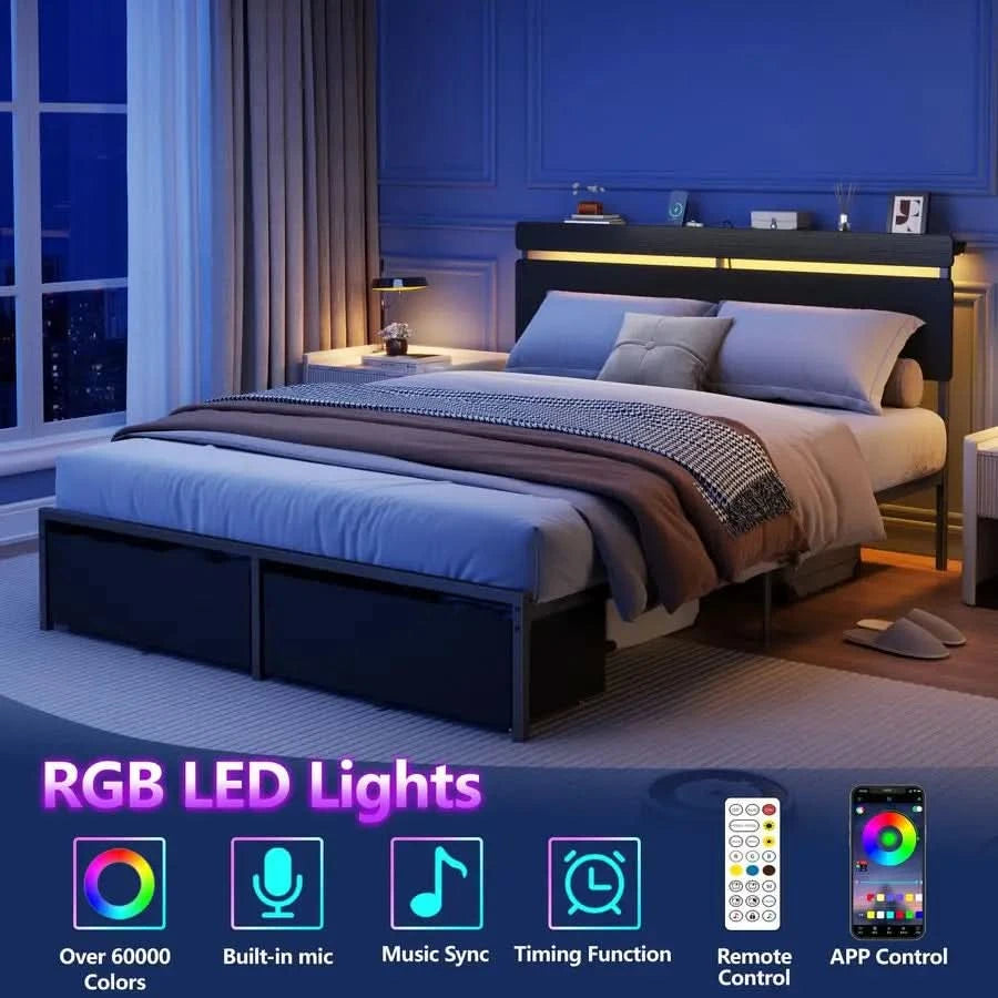 Queen Bed Frame with Wood Headboard, Black Platform Bed with 2 Storage Drawers amp Shelf, Builtin Charging Station  Vellivy
