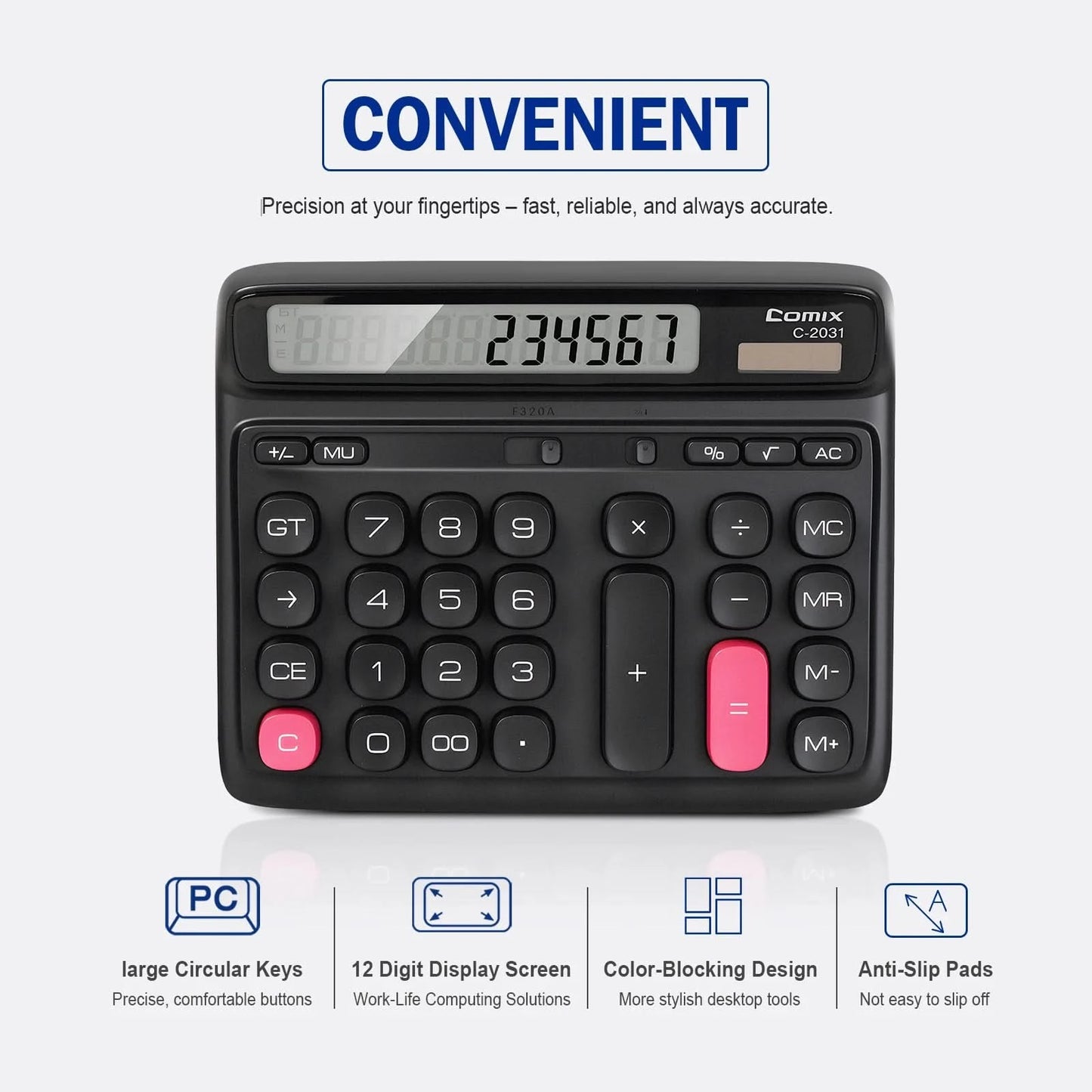 Comix Desktop Calculator, Computer Keys 12 Digit Large Display, Dual Power Black Electronic Calculator for Office Home