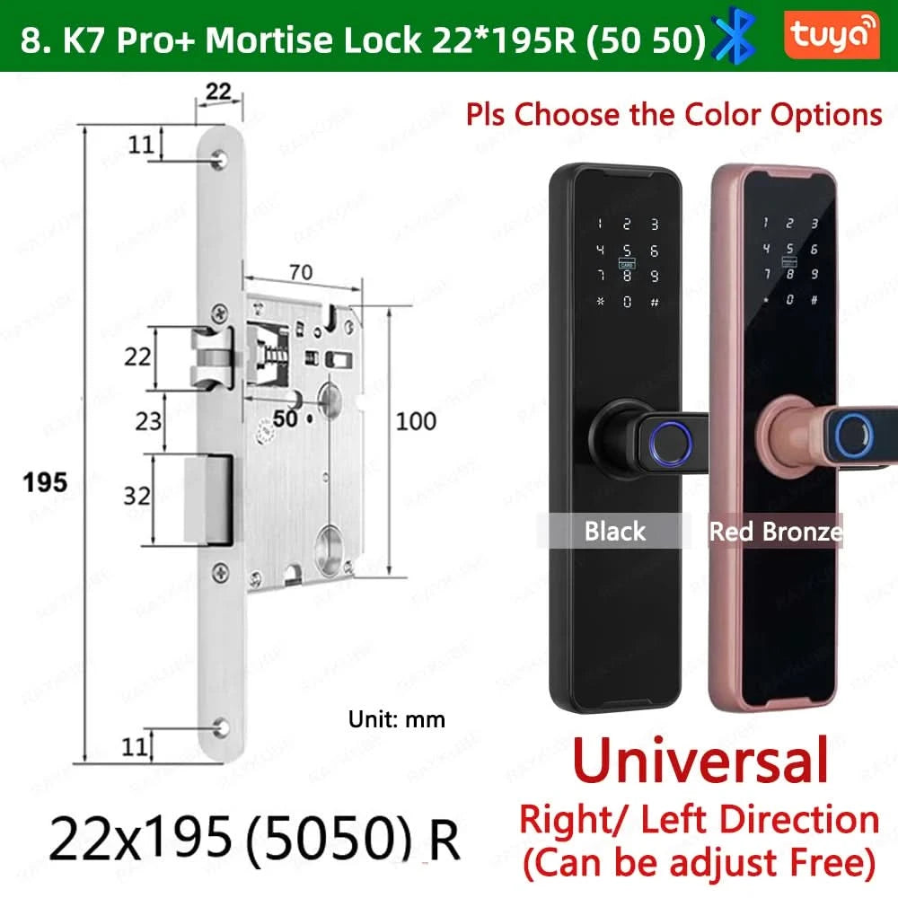 Do Brasil RAYKUBE Black K7 Pro+ Tuya Bluetooth Biometric Fingerprint Door Lock Smart Digital Lock Tuya App Unlock Keyless Lock