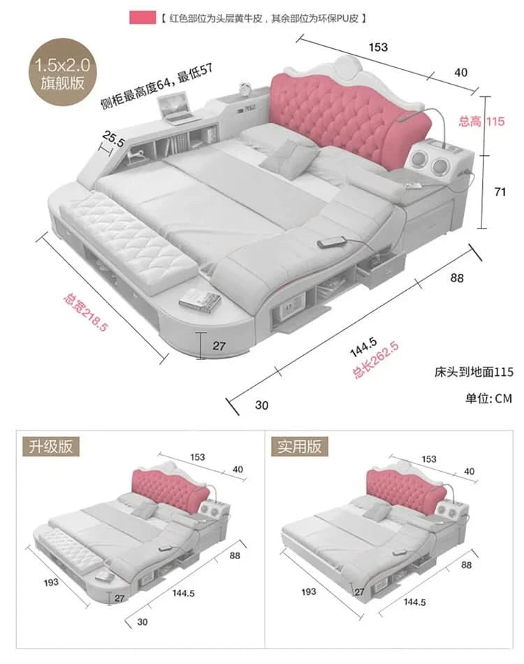 Headboard Storage Double Bed Queen Drawers King Size Smart Bed Luxury Princess Modern Letto Matrimoniale Bedroom Furniture