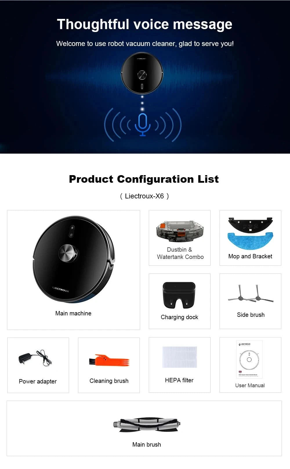 Liectroux/LILIN X6 Robot Vacuum Cleaner,Laser System,6500Pa,Smart Home Appliance,Restricted Area Map,Zone Cleaning for Carpet