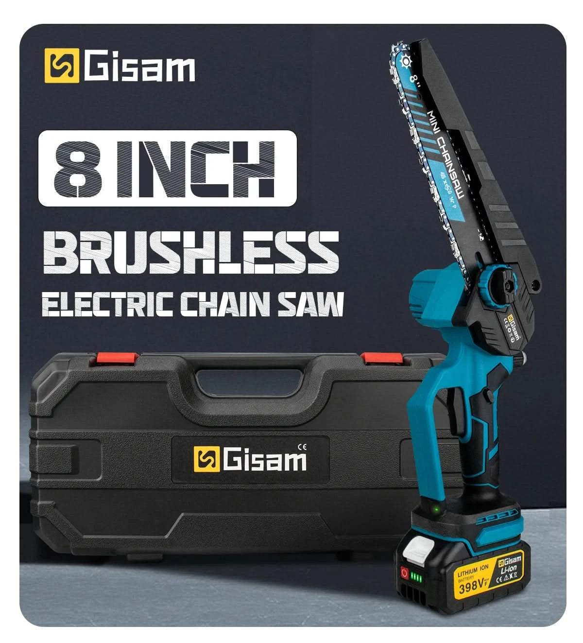Gisam 8 Inch Brushless Electric Chainsaw Cordless Electric Saw Woodworking Garden Pruning Saw Tool For Makita 18V Battery Pins