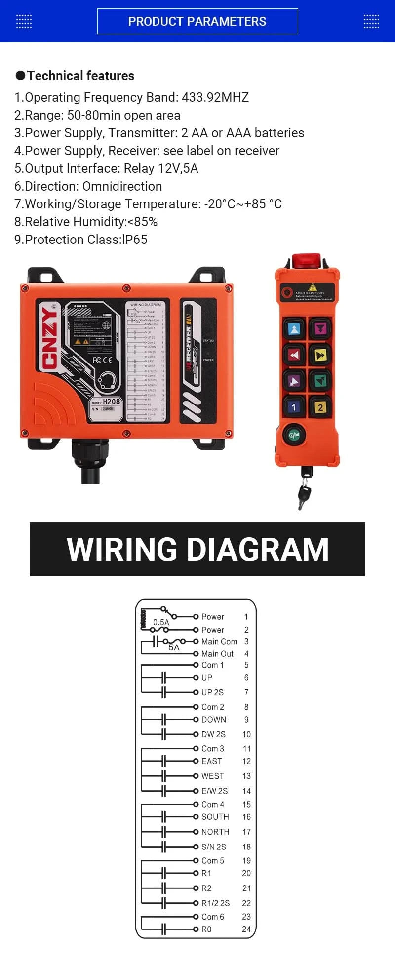 HENJEL H208 Crane Wireless Control Double Speed Waterproof Switch DC 12v 24v Waterproof and Dustproof Industrial Remote Control