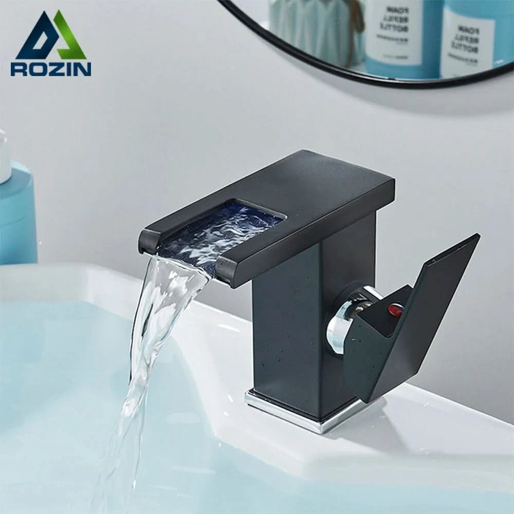 Rozin LED Bathroom Basin Faucet Black Waterfall Sink Faucets Hydroelectric LED Deck Mounted Crane Hot Cold Water Mixer Tap