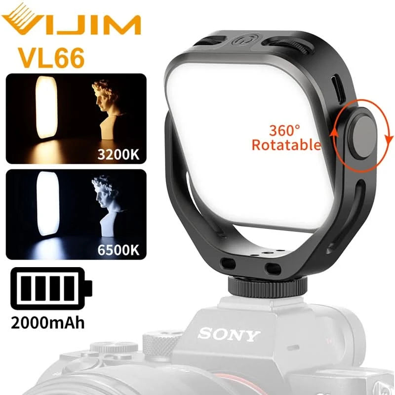 Ulanzi VIJIM VL66 3200k-6500k Vlog Fill Light 360° Rotatable LED Video Light Extend Cold Shoe 2000mAh Battery with Light Stand