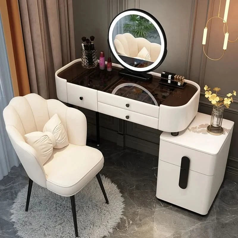 Luxury Jewelery Storage Dressing Table Glass Top Girls Unique Makeup Mirror Beauty Dressing Table Light White Muebles Decoration