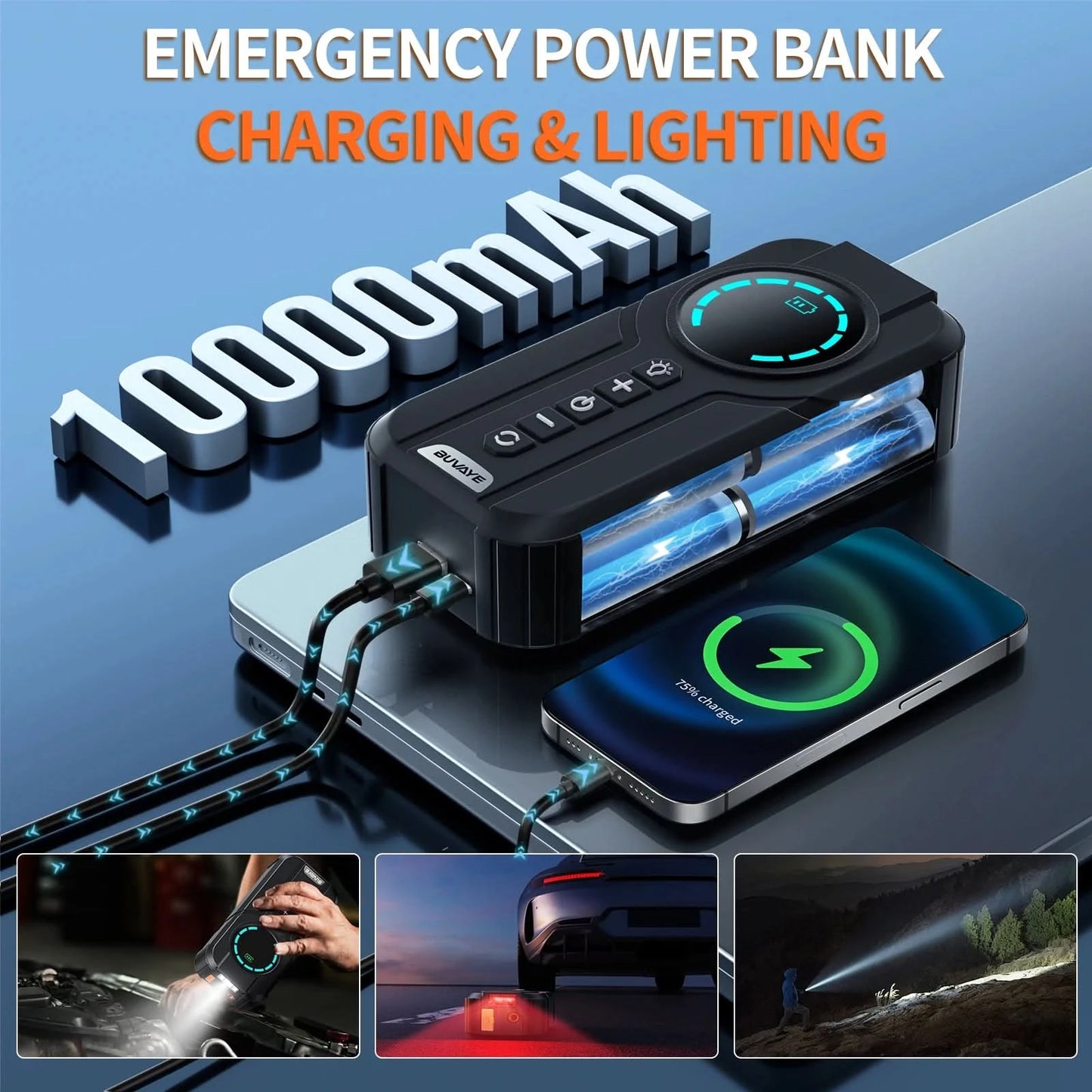 BUVAYE Car Multi-function Air Compressor Jump Starter Air Pump Convenient Tire Inflator Portable Battery Starter With EVA Bag