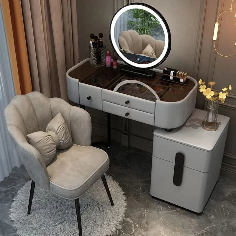 Luxury Jewelery Storage Dressing Table Glass Top Girls Unique Makeup Mirror Beauty Dressing Table Light White Muebles Decoration
