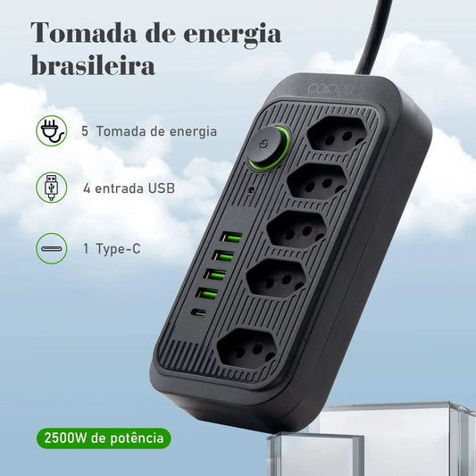 Steckdosenleiste mit USB Typ C, Überspannungsschutz, brasilianischem Stecker, AC-Steckdosen, Mehrfachsteckdosenleiste, Adapter
