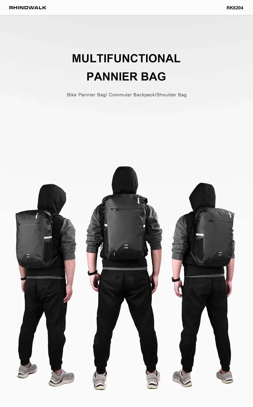 Rhinowalk Bike Pannier Bag 22L Fully Waterproof Trunk Bag Backback Capacity Multifunctional Rear Rack Cycling Bag Shoulder Bag