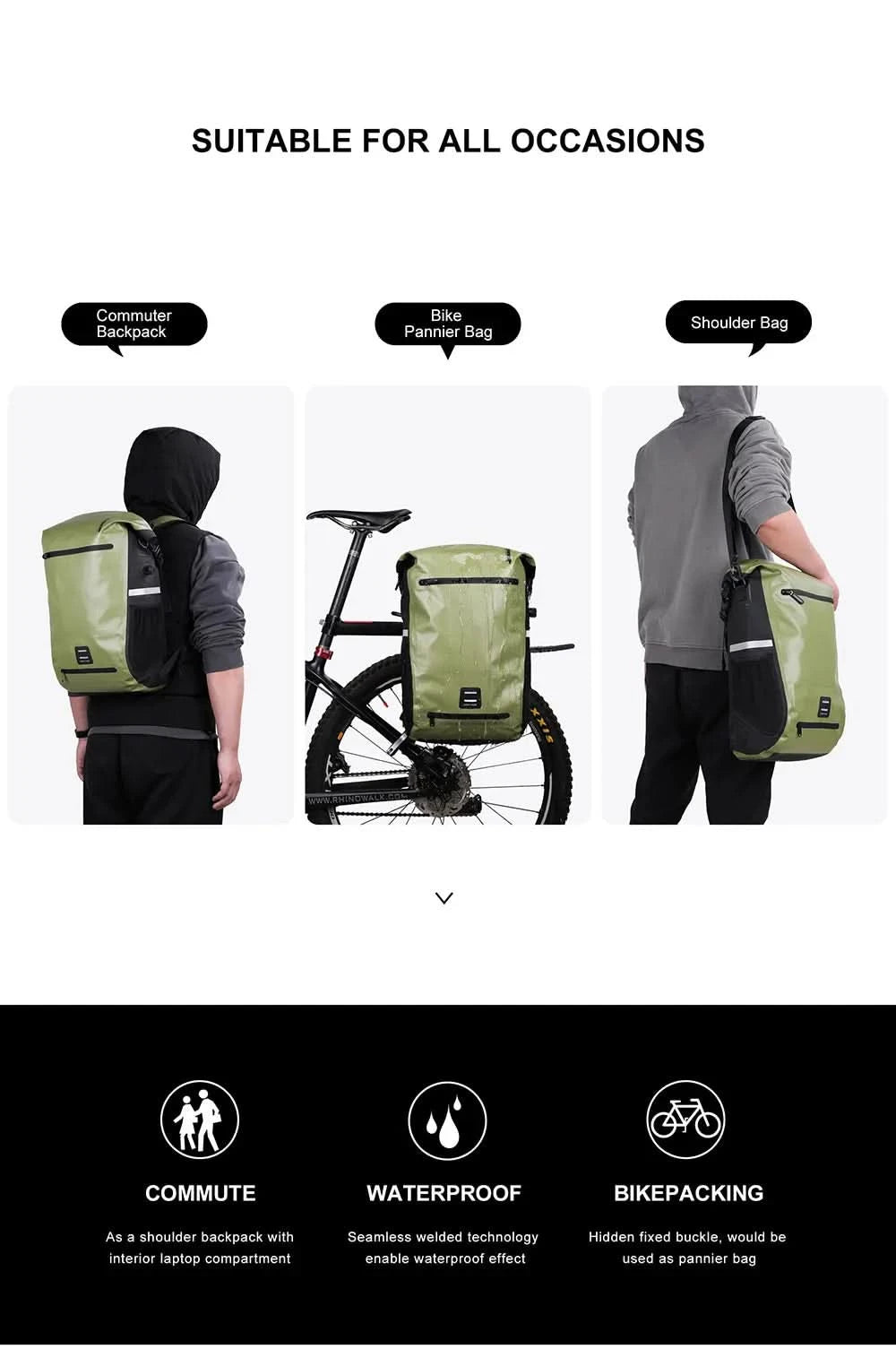 Rhinowalk Bike Pannier Bag 22L Fully Waterproof Trunk Bag Backback Capacity Multifunctional Rear Rack Cycling Bag Shoulder Bag