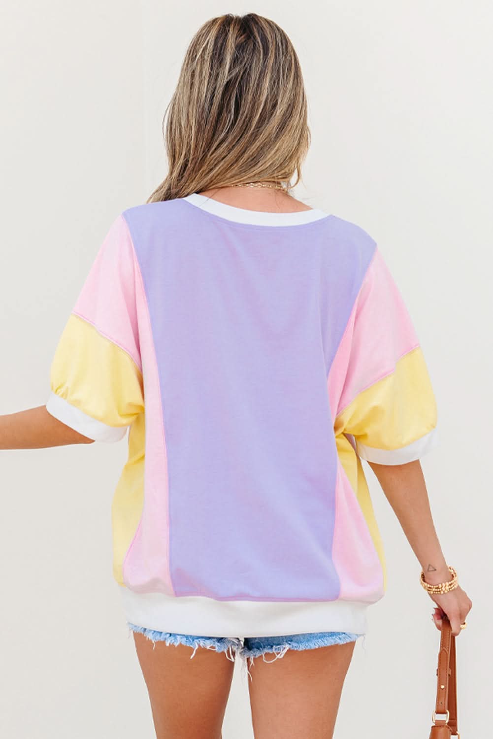 Purple Color Block Patchwork Half Sleeve Oversized T Shirt