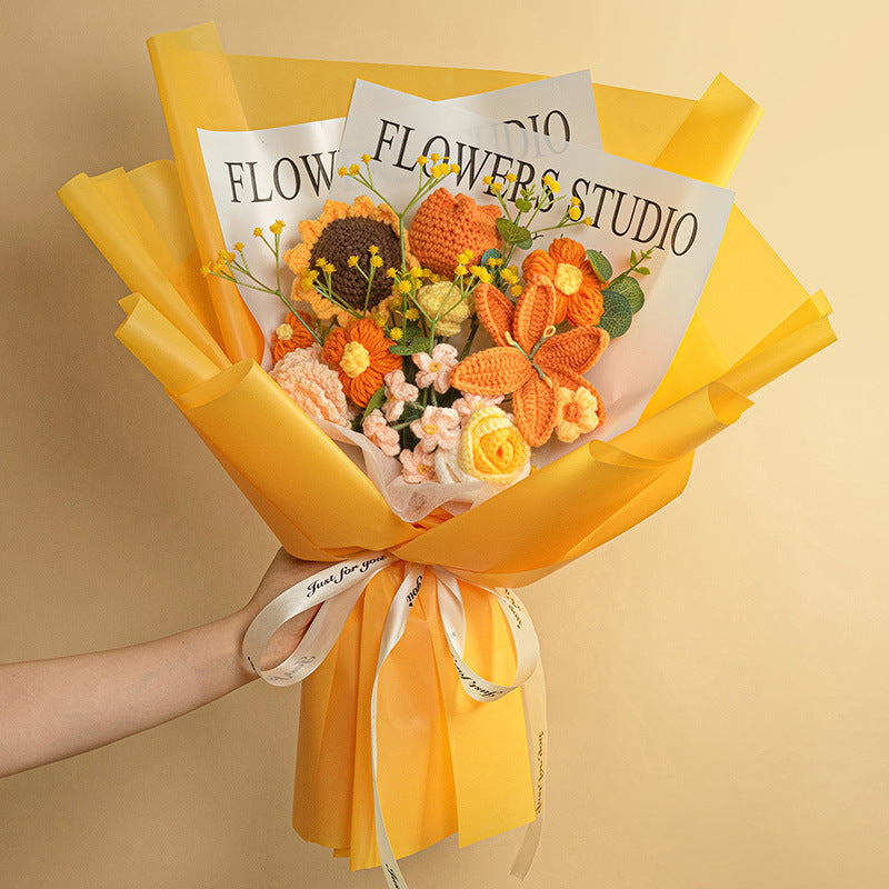 Knitted Wool Bouquet Finished Product featuring an array of colorful flowers in yellow wrapping.