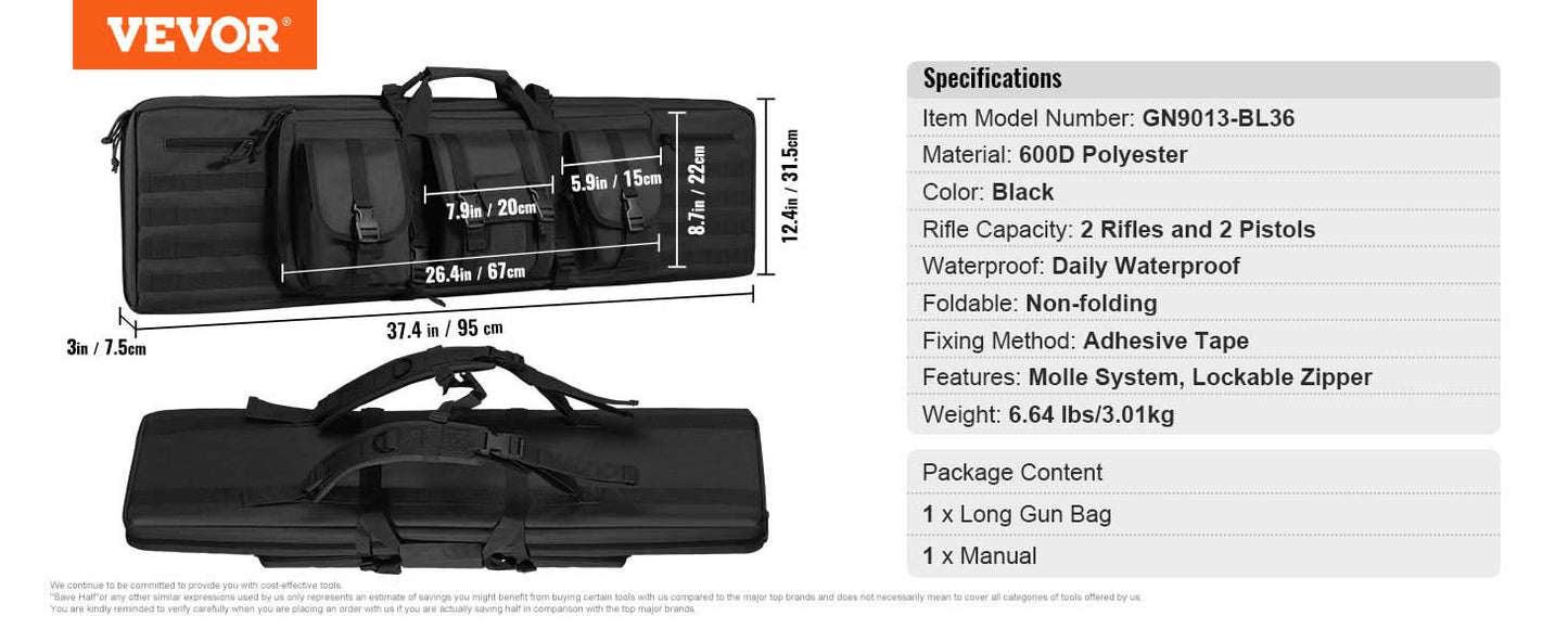 VEVOR Rifle Bag 36/42 inch Tactical Double Long Gun Bag Soft Rifle Case with Lockable Zipper for Two 34"/40" Rifles & 2 Pistols