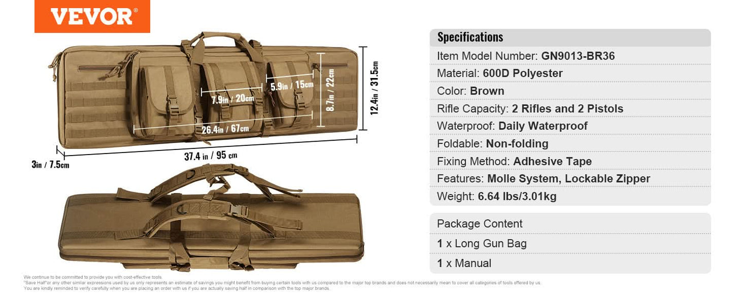 VEVOR Rifle Bag 36/42 inch Tactical Double Long Gun Bag Soft Rifle Case with Lockable Zipper for Two 34"/40" Rifles & 2 Pistols
