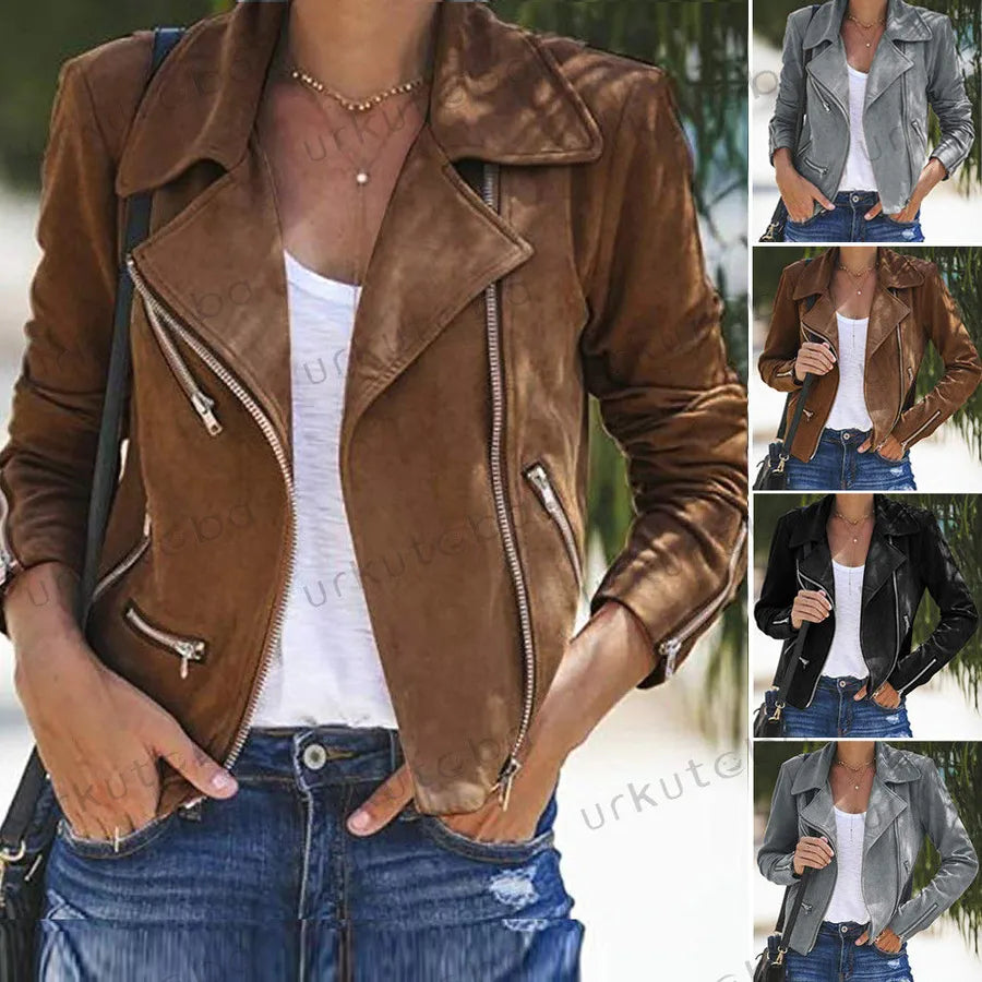 Stylish Women's Short Jacket in brown, grey, and black colors, perfect for casual outfits and layering.