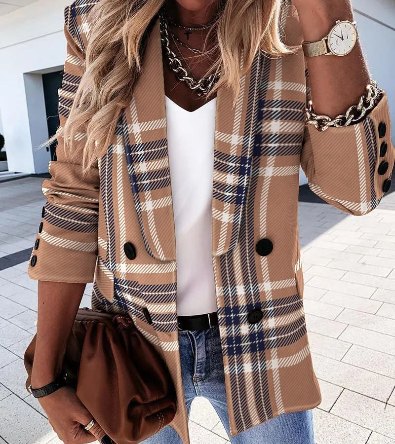 Autumn/Winter Double-Breasted Button Suit styled with a plaid blazer, V-neck top, jeans, and accessories.