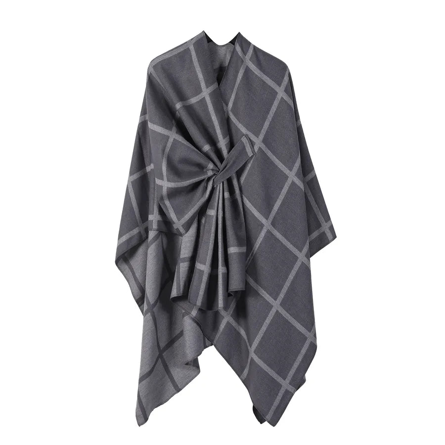 Women's Fashion Gingham Check Warm Scarf in gray with a stylish knot design.