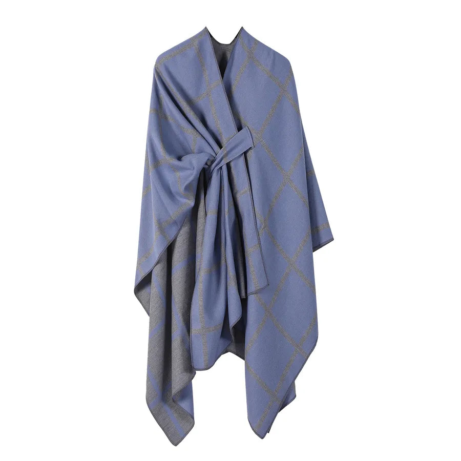 Women's Fashion Gingham Check Warm Scarf in blue with gold accents, perfect for cozy winter style.