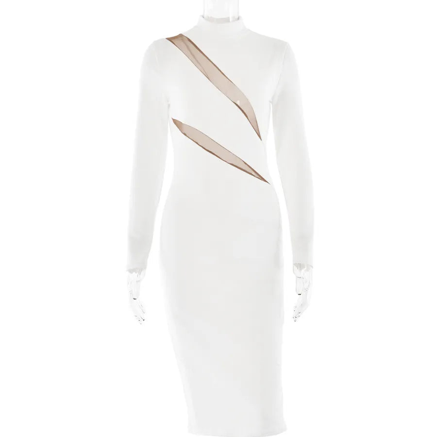 Round Neck Long Sleeve Stitching Dress Women featuring a stylish white design with mesh detailing.