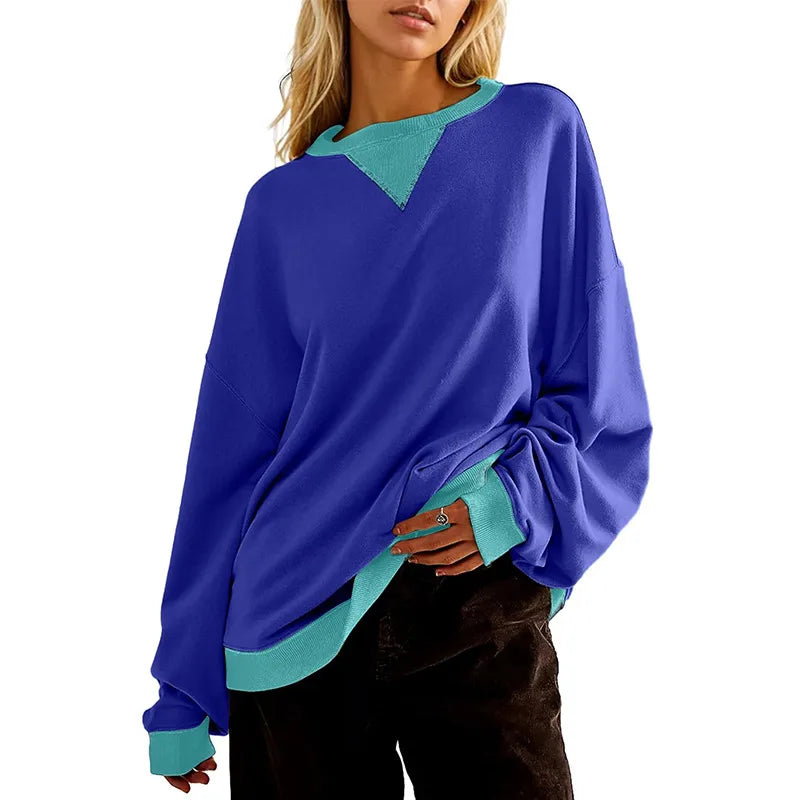 Loose Casual Contrast Color Sweater For Women in vibrant blue with aqua accents, perfect for casual outings.