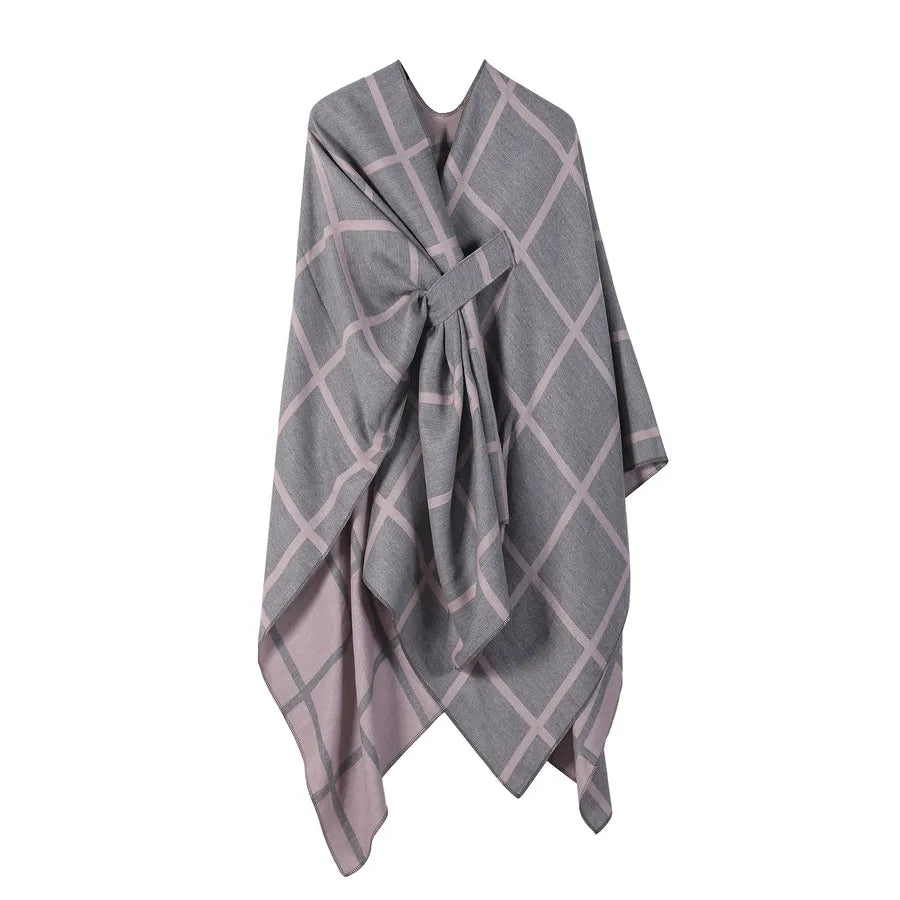 Women's Fashion Gingham Check Warm Scarf in gray and pink with a stylish check pattern.