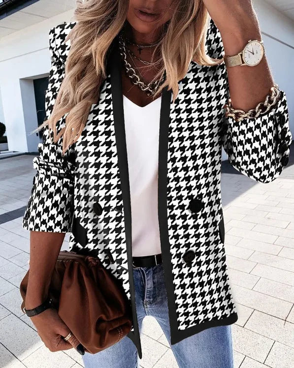 Autumn/Winter Double-Breasted Button Suit in a stylish houndstooth pattern, perfect for the season.